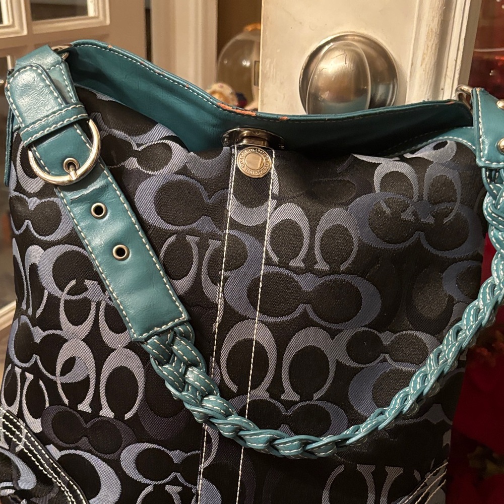 Coach Black and Teal Signature Shoulder Bag